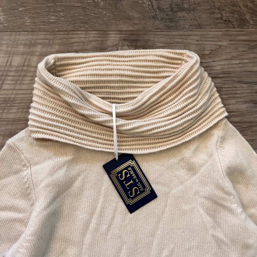 $388 Sail to Sable Cream Cowl Neck Classic Wool Cashmere Tunic Sweater Dress - Picture 2 of 9